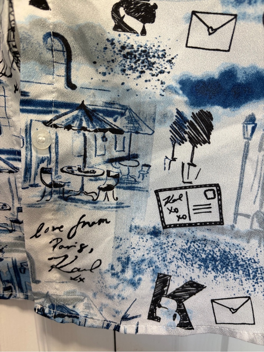 Karl Lagerfeld Paris Print Button-Down Shirt M White Blue Novelty - Picture 5 of 9